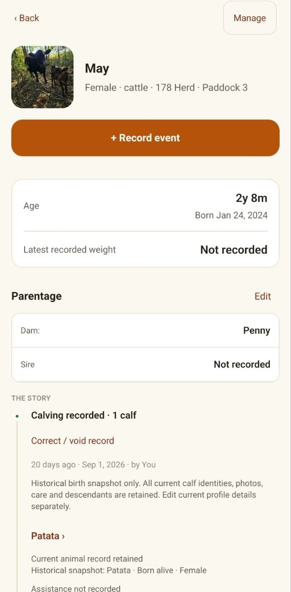 Actual cattle profile with photo, herd, paddock, parentage and a calving event linked to the calf.