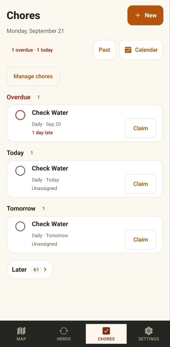 Family farm chore list with overdue, today and tomorrow sections and Claim buttons for taking responsibility.