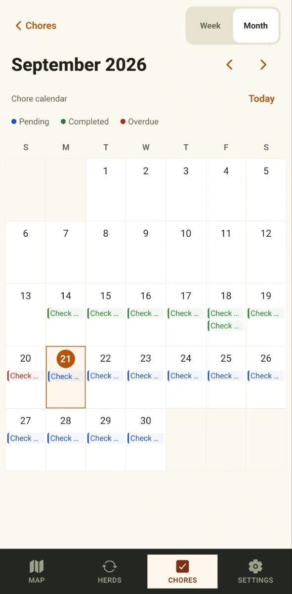 PermaPasture monthly farm chore calendar showing scheduled work and completion status.