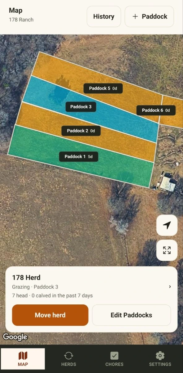 PermaPasture rotational grazing map showing adjacent paddocks, the herd in Paddock 3 and recorded rest days.