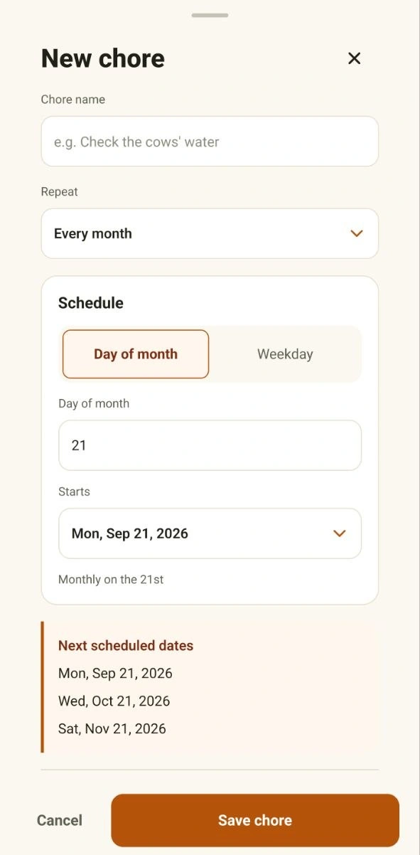 Recurring chore setup with monthly schedule options and a preview of upcoming due dates.